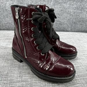 Bos&Co Paulie Boots Womens Sz 39 Patent Leather Round Toe Lace Up‎ Combat Bordo